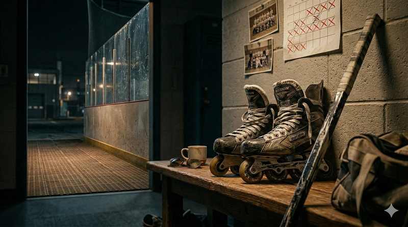 pair of worn roller hockey skates in a locker room