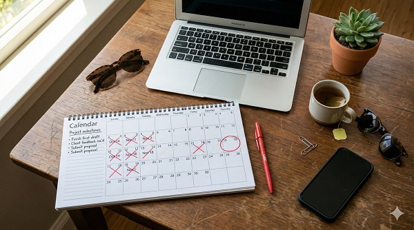 calendar on a desk displaying dates circles and crossed out
