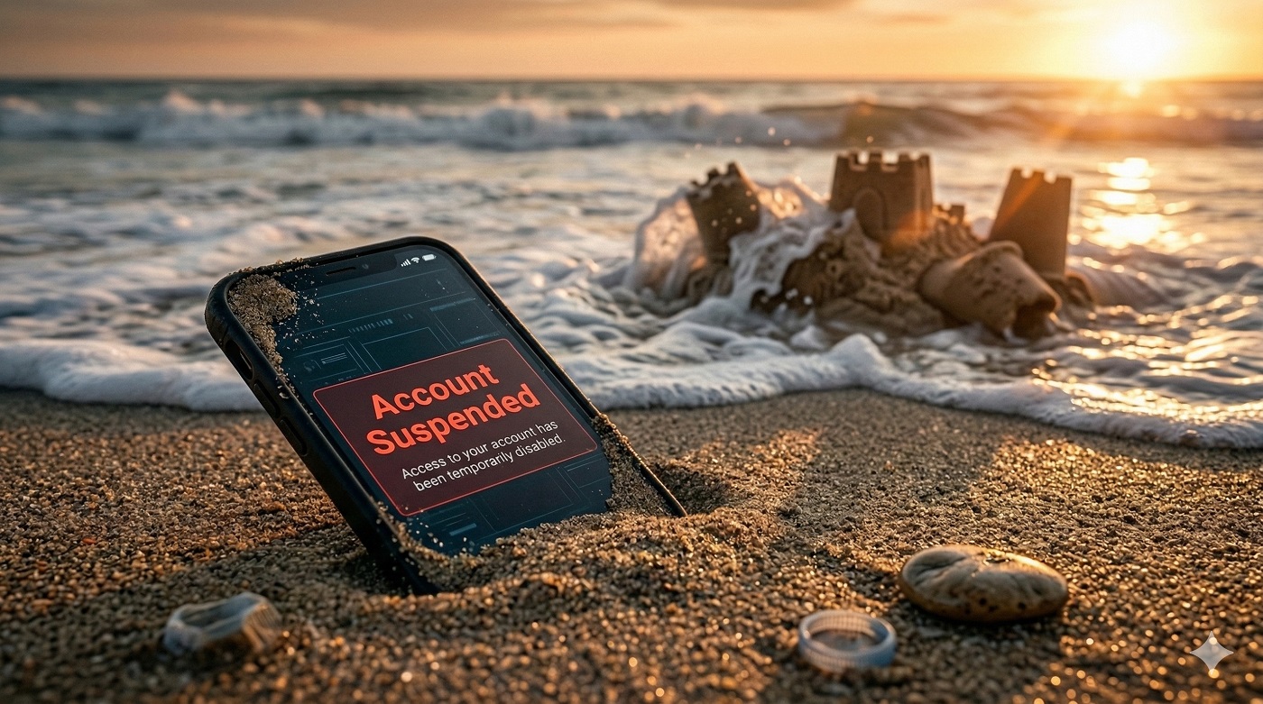 phone displaying suspended account as tide washes away sandcastle